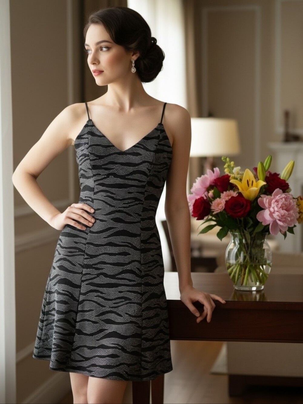 H&M Divided Black & Silver Textured Fit & Flare Glitter Zebra Dress – Size Small